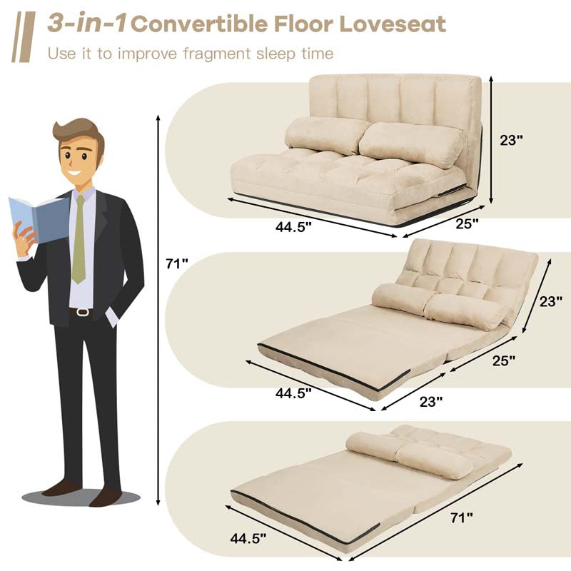 Floor Sofa 6-Position Adjustable, Foldable Lazy Sofa Sleeper Bed, Suede Cloth Cover, Floor Gaming Sofa Couch with 2 Pillows