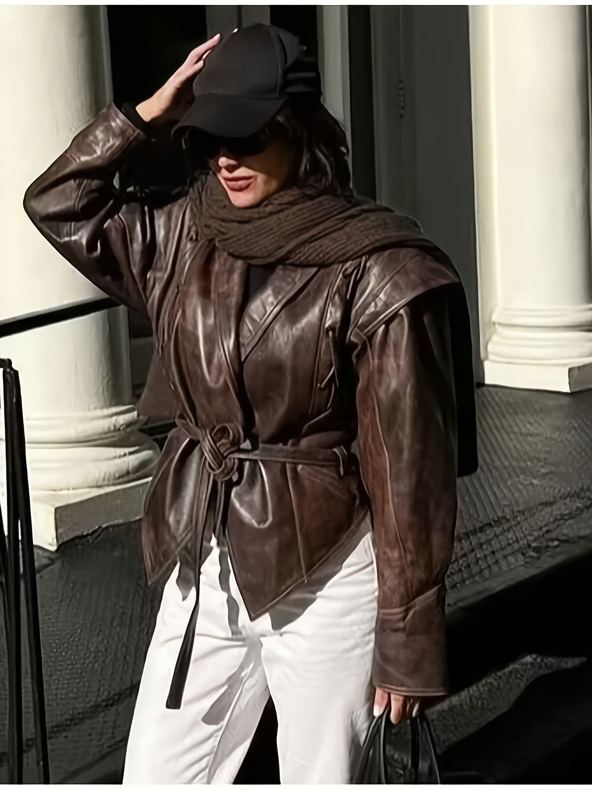 Women’s Vintage Biker Jacket – Brown Retro Streetwear Coat with Waist Tie