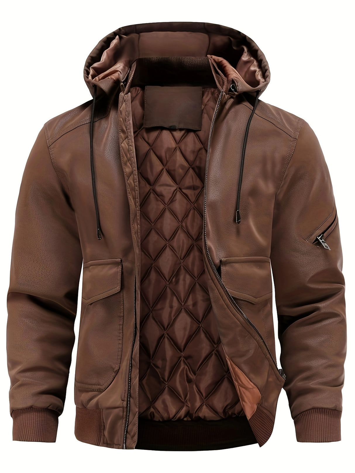 Men’s Hooded Leather Jacket – Quilted Lined Winter Casual Outerwear