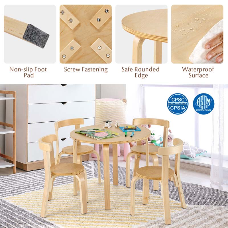 5-Piece Bentwood Kids Table & Chair Set, Toddler Activity Table with 4 Chairs, Toy Bricks, Classroom Playroom Daycare Furniture