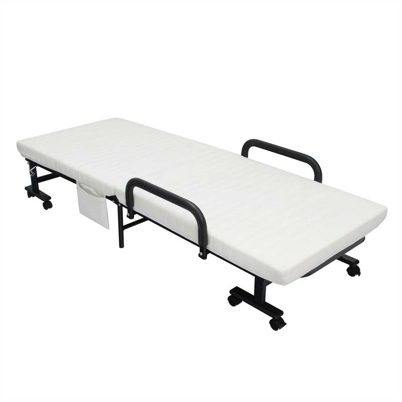 Folding Rollaway Bed with Mattress for Adult, Portable Guest Bed Frame with Adjustable 6 Position & Side Storage Pocket