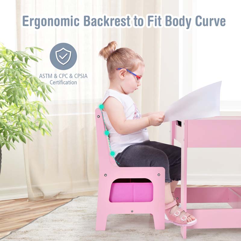 3-in-1 Kids Wood Table Chairs Set with Blackboard & Storage Drawers, Children Multi Activity Table for Learning Playing Drawing