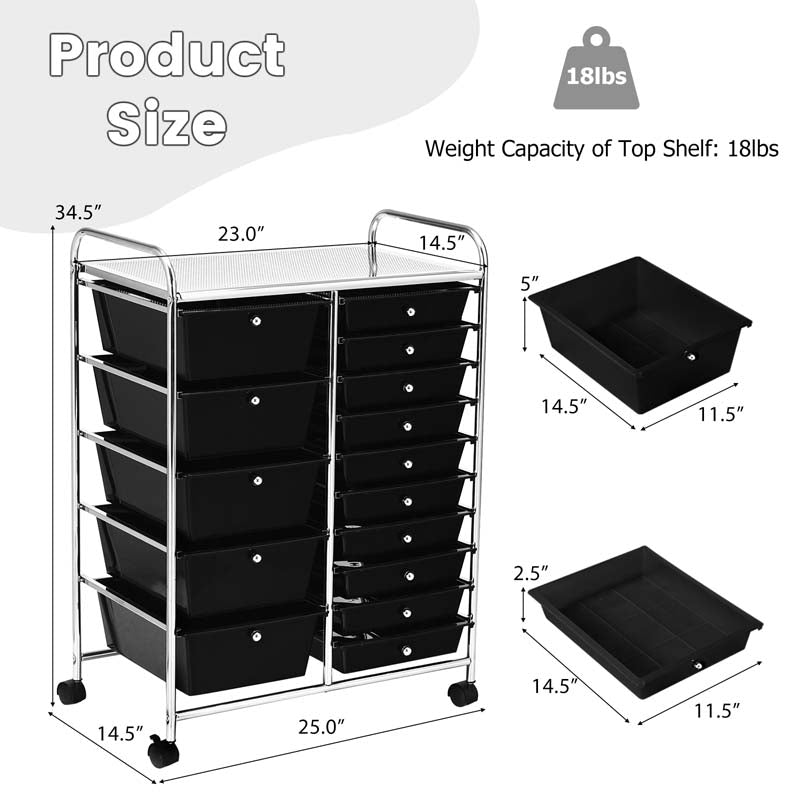 15-Drawer Storage Drawer Cart Tools Scrapbook Paper Organizer Cart Office School Utility Cart Rolling Storage Cart with Wheels