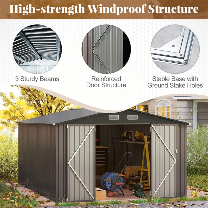 10x14 FT Outdoor Storage Shed, Large Garden Tool House with Improved Windproof Metal Structure, Lockable Door, 4 Vents & Waterproof for Patio Backyard