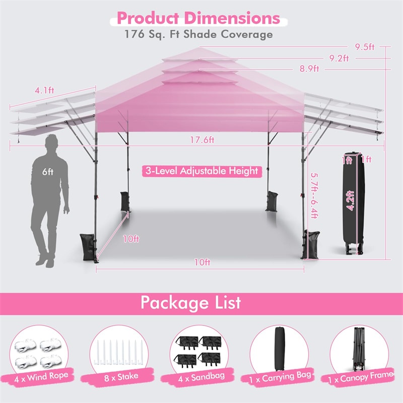 10 x 17.6 FT Outdoor Instant Pop-up Canopy Tent for Market Picnic with Dual Half Awnings & Wheeled Bag