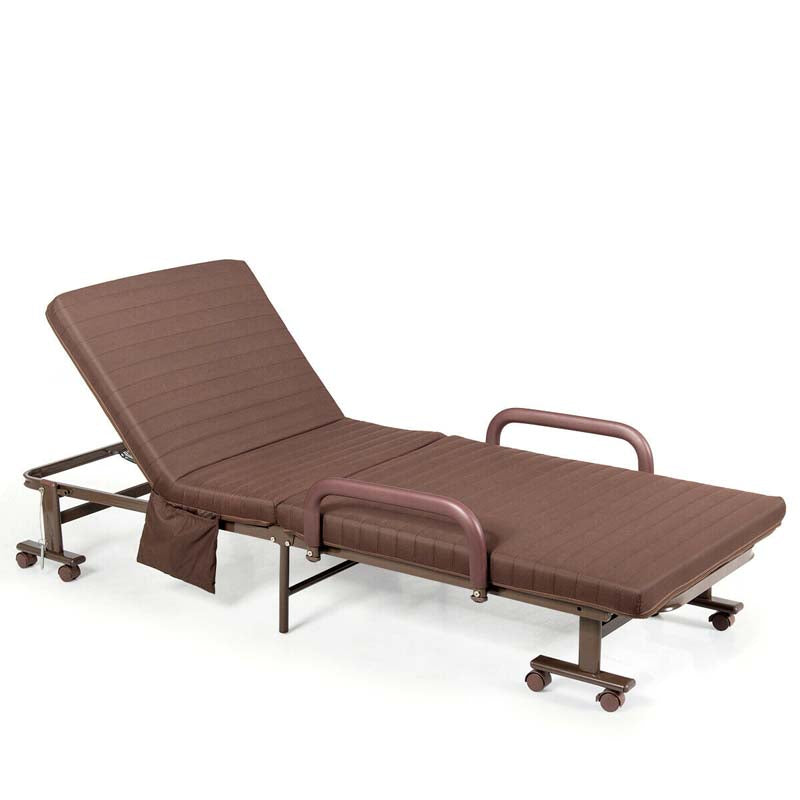 Folding Rollaway Bed with Mattress for Adult, Portable Guest Bed Frame with Adjustable 6 Position & Side Storage Pocket