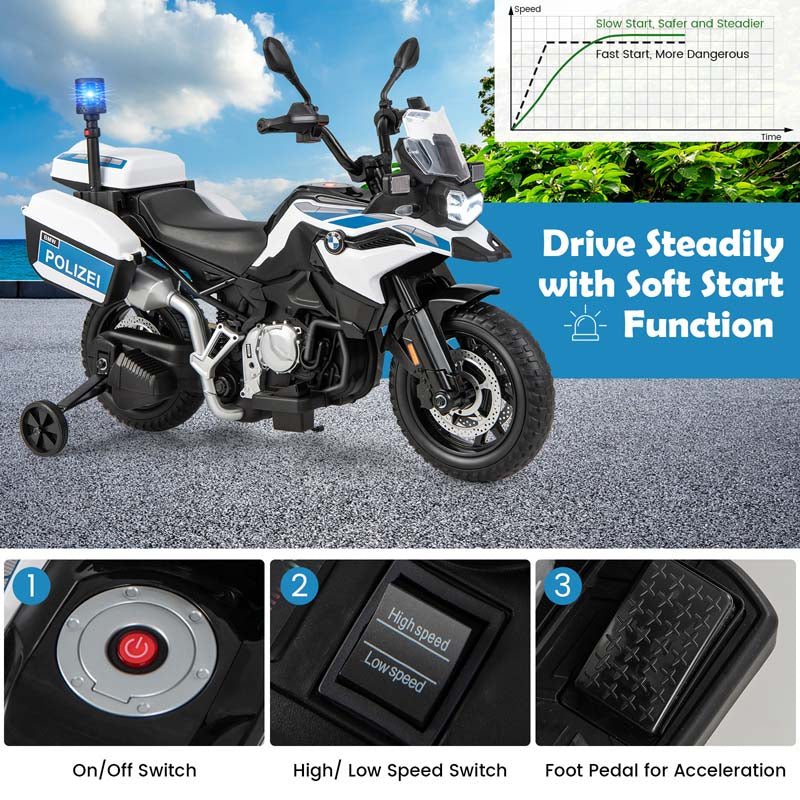 Licensed BMW Kids Ride On Police Motorcycle, 12V Battery Powered Cop Dirt Bike with Training Wheels, Siren Light, MP3, Music