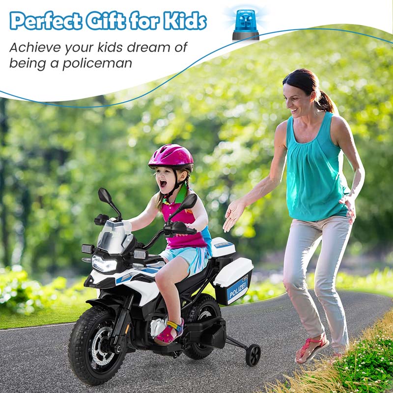 Licensed BMW Kids Ride On Police Motorcycle, 12V Battery Powered Cop Dirt Bike with Training Wheels, Siren Light, MP3, Music