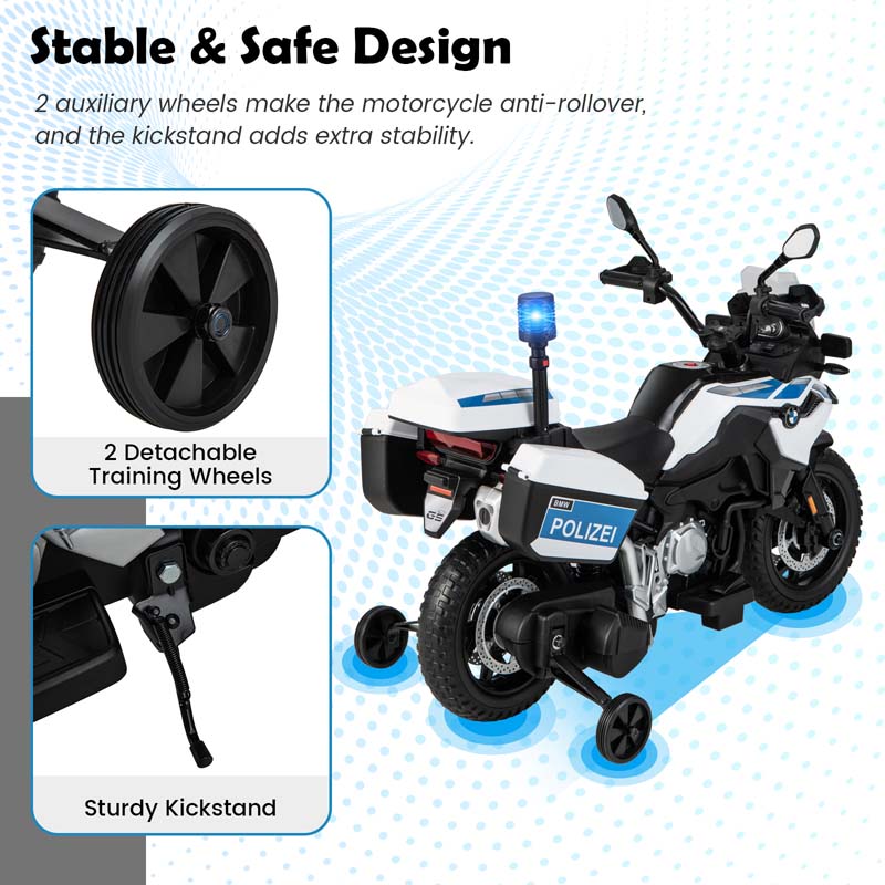 Licensed BMW Kids Ride On Police Motorcycle, 12V Battery Powered Cop Dirt Bike with Training Wheels, Siren Light, MP3, Music