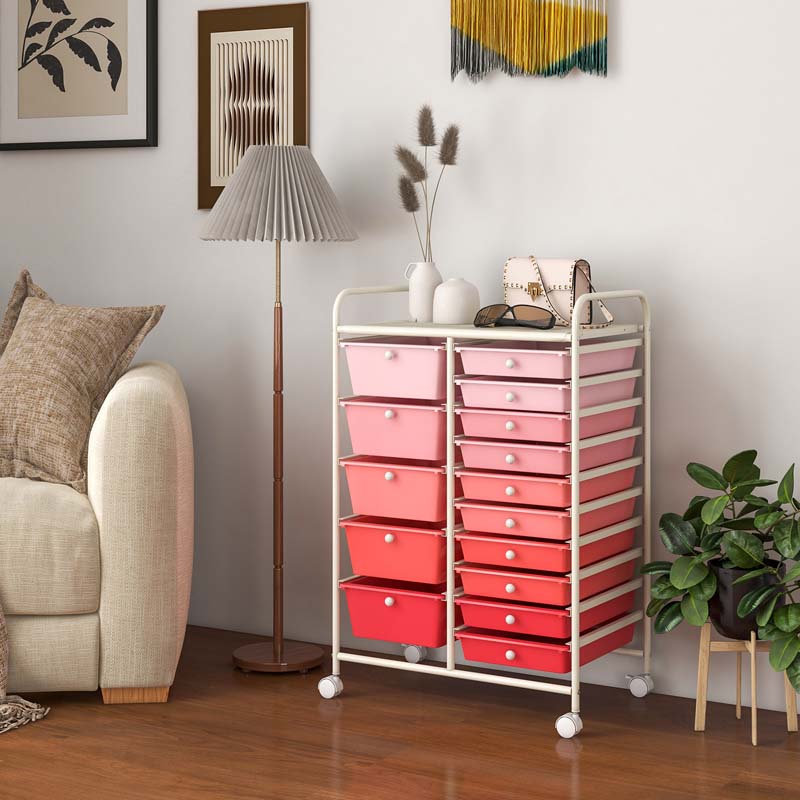 15-Drawer Storage Drawer Cart Tools Scrapbook Paper Organizer Cart Office School Utility Cart Rolling Storage Cart with Wheels
