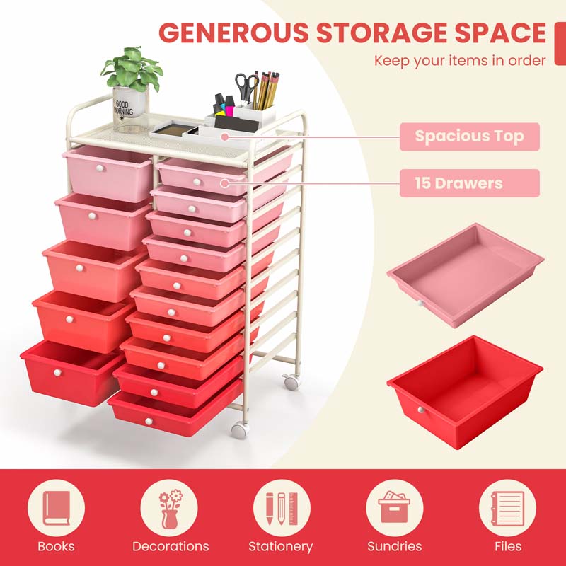 15-Drawer Storage Drawer Cart Tools Scrapbook Paper Organizer Cart Office School Utility Cart Rolling Storage Cart with Wheels
