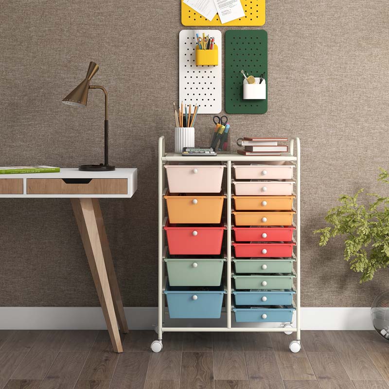 15-Drawer Storage Drawer Cart Tools Scrapbook Paper Organizer Cart Office School Utility Cart Rolling Storage Cart with Wheels