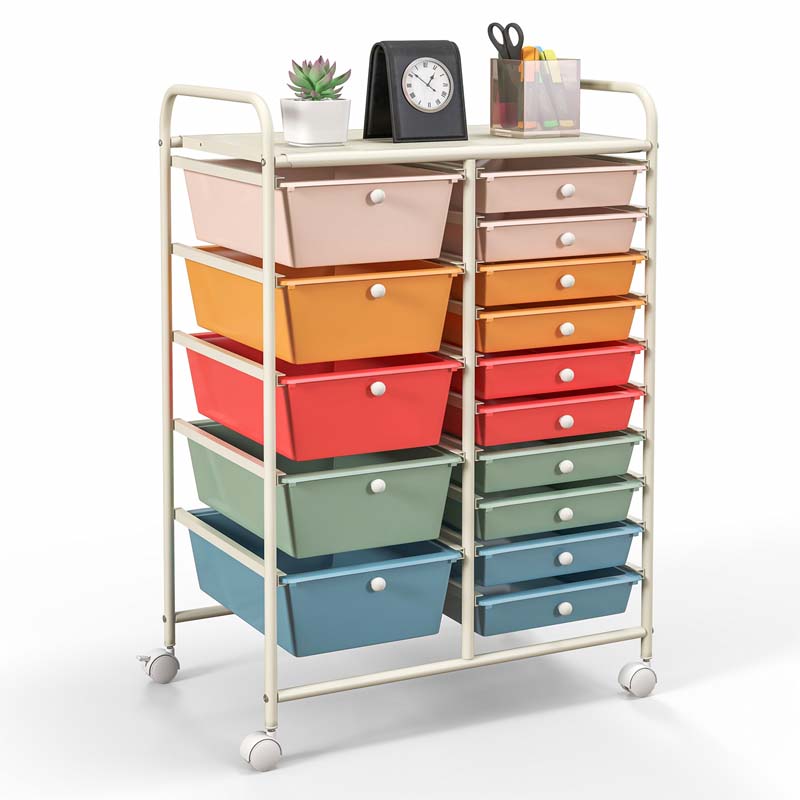 15-Drawer Storage Drawer Cart Tools Scrapbook Paper Organizer Cart Office School Utility Cart Rolling Storage Cart with Wheels