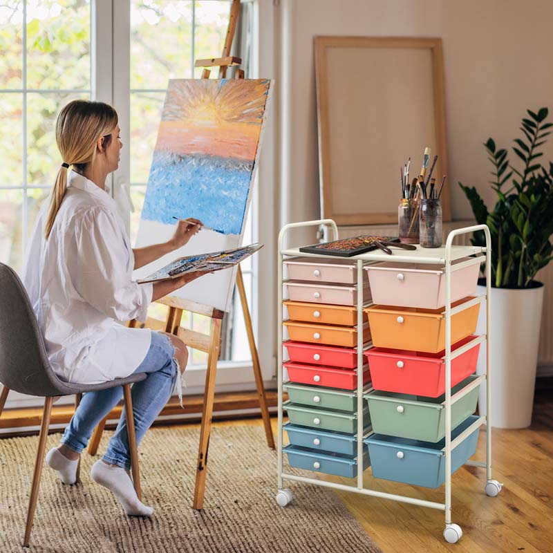 15-Drawer Storage Drawer Cart Tools Scrapbook Paper Organizer Cart Office School Utility Cart Rolling Storage Cart with Wheels