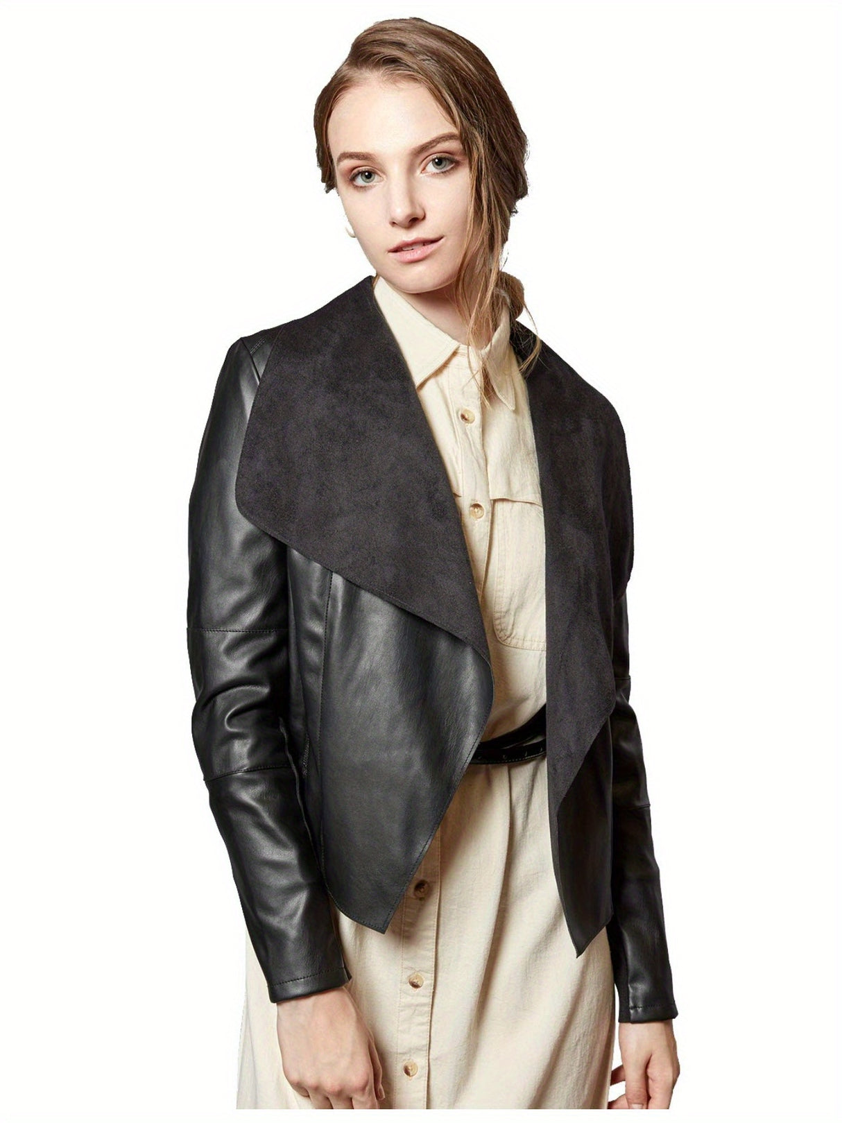 Women’s Open Front Leather Jacket – Classic Lapel Outerwear
