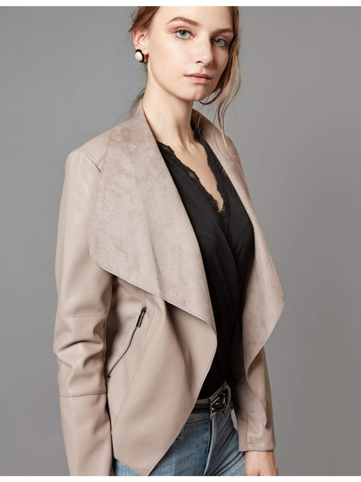 Women’s Open Front Leather Jacket – Classic Lapel Outerwear