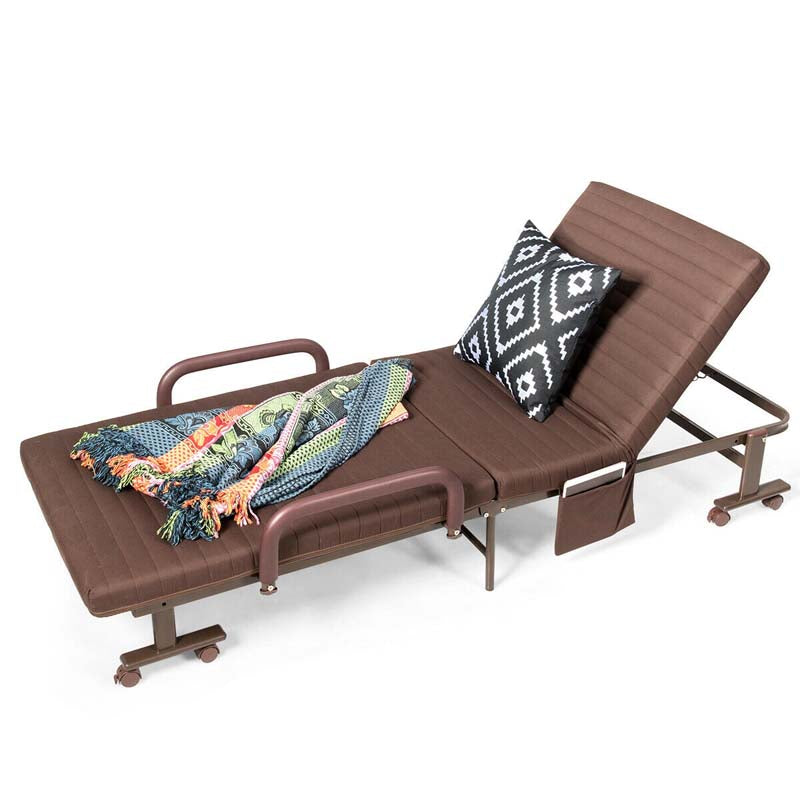 Folding Rollaway Bed with Mattress for Adult, Portable Guest Bed Frame with Adjustable 6 Position & Side Storage Pocket