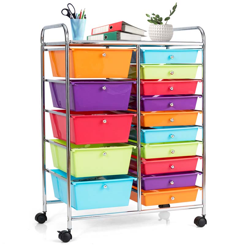 15-Drawer Storage Drawer Cart Tools Scrapbook Paper Organizer Cart Office School Utility Cart Rolling Storage Cart with Wheels