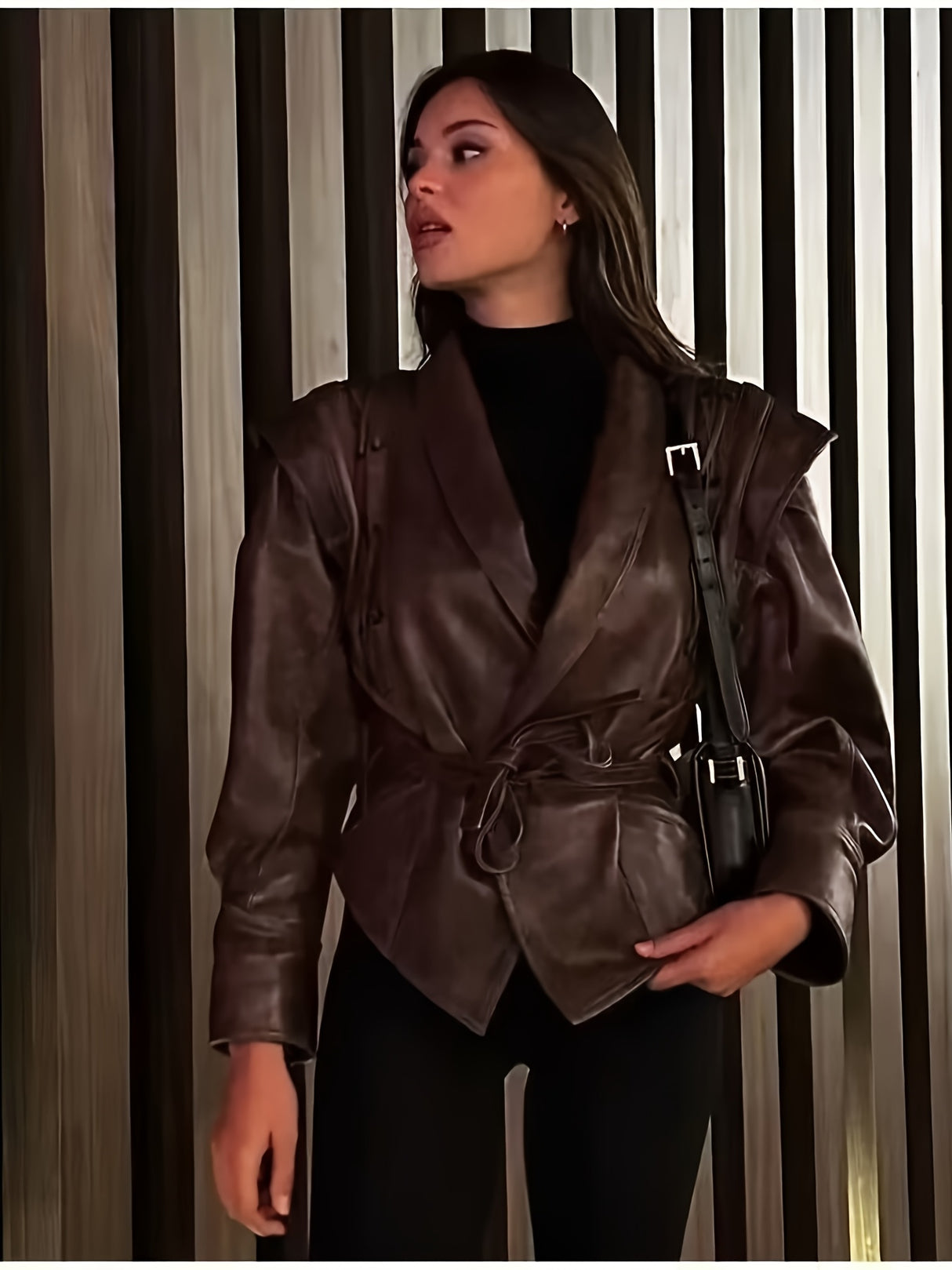 Women’s Vintage Biker Jacket – Brown Retro Streetwear Coat with Waist Tie
