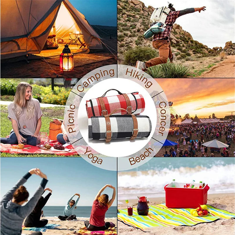 Foldable Waterproof Blankets with Leather Handle for Picnic.