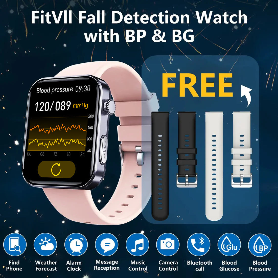 Merchpublic PulseMax Fall Detection Watch With Blood Glucose+Blood Presssure Monitoring+Calls -??Free Straps