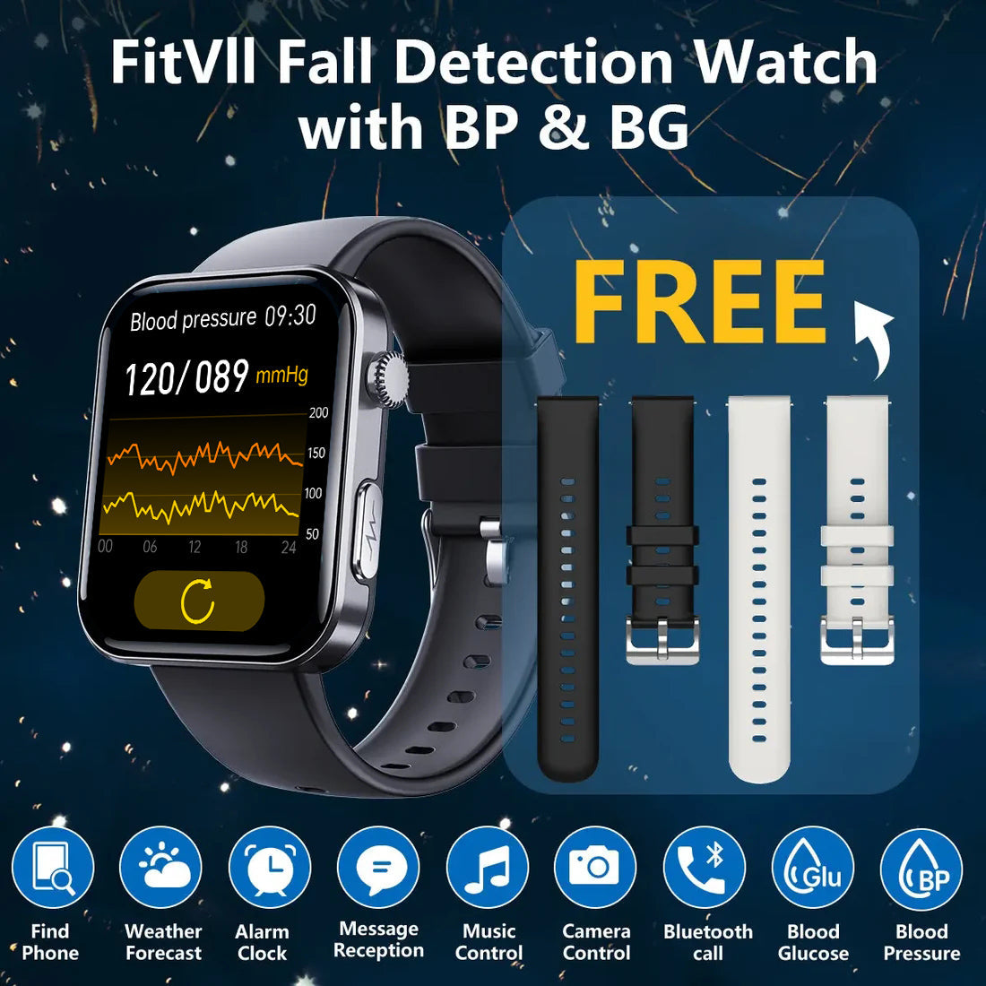 Merchpublic PulseMax Fall Detection Watch With Blood Glucose+Blood Presssure Monitoring+Calls -??Free Straps