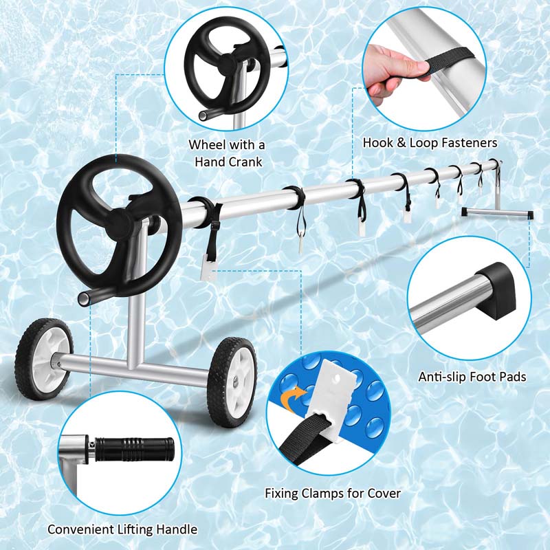 22 FT Solar Pool Cover Reel Set with Hand Crank & Wheels, Aluminum Solar Swimming Inground Cover Blanket Reel Roller