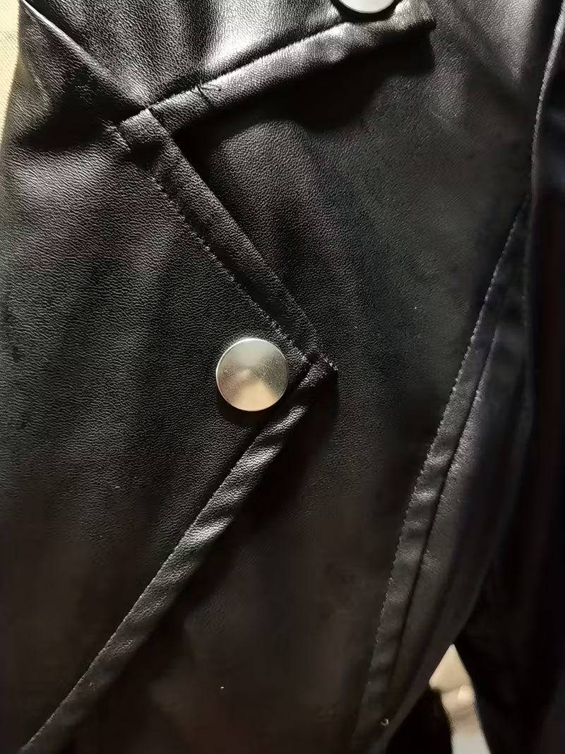 Women’s Black Elegant Leather Jacket – Zipper Details, Long Sleeve Fashion Outerwear