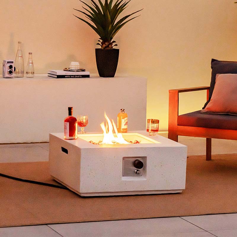 28" 40,000 BTU Terrazzo Square Propane Gas Fire Pit Table with Lava Rocks, Simple Ignition System and Waterproof Cover