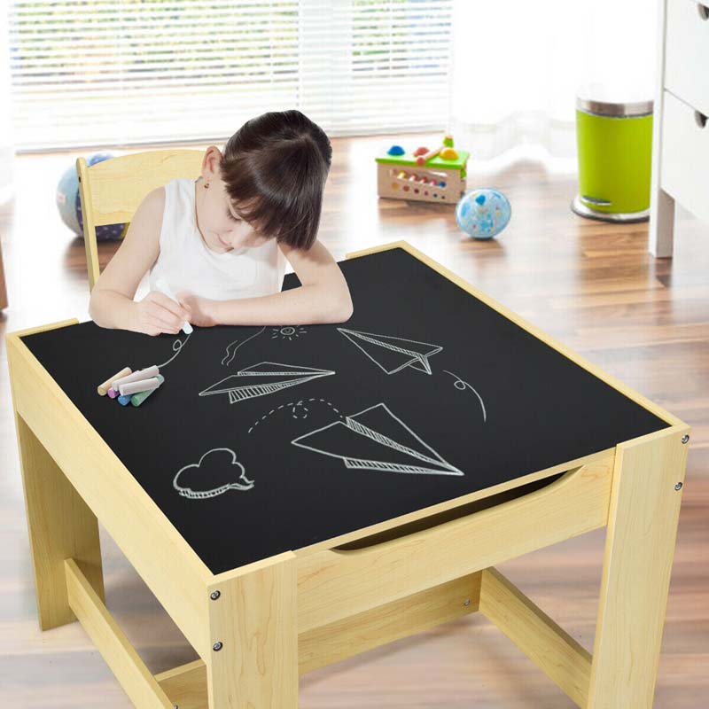 3-in-1 Kids Wood Table Chairs Set with Blackboard & Storage Drawers, Children Multi Activity Table for Learning Playing Drawing