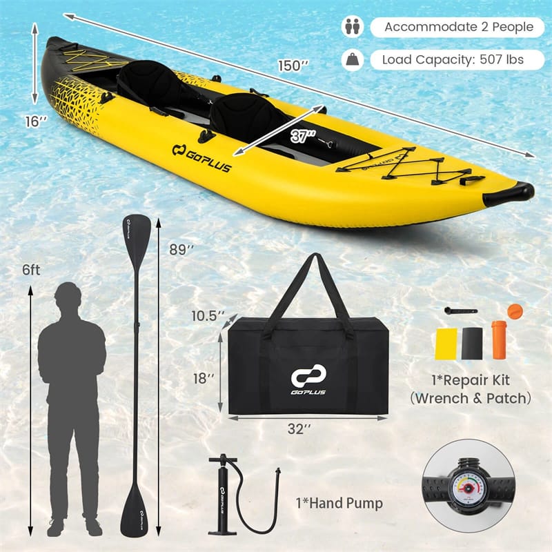 2-Person Inflatable Kayak Set with 2 Aluminium Oars & Repair Kit, 12.5Ft 507lbs Portable Fishing Touring Kayaks for Adults