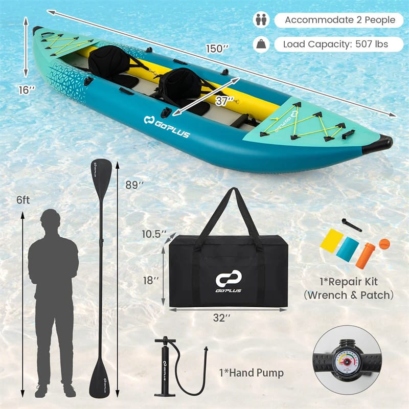 2-Person Inflatable Kayak Set with 2 Aluminium Oars & Repair Kit, 12.5Ft 507lbs Portable Fishing Touring Kayaks for Adults