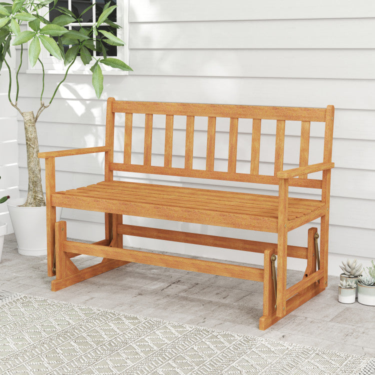 2-Person Patio Glider Bench, Solid Acacia Wood Porch Glider Chair with Slatted Backrest & Seat, Outdoor Glider Loveseat for Balcony Poolside Garden