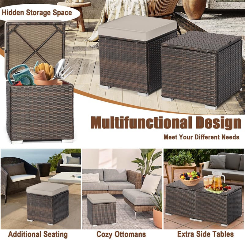 2PCS Wicker Outdoor Storage Ottomans with Removable Cushions, Multipurpose PE Rattan Footrest Side Table Seating for Patio Poolside Backyard
