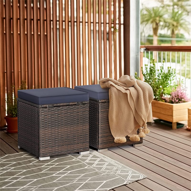 2PCS Wicker Outdoor Storage Ottomans with Removable Cushions, Multipurpose PE Rattan Footrest Side Table Seating for Patio Poolside Backyard