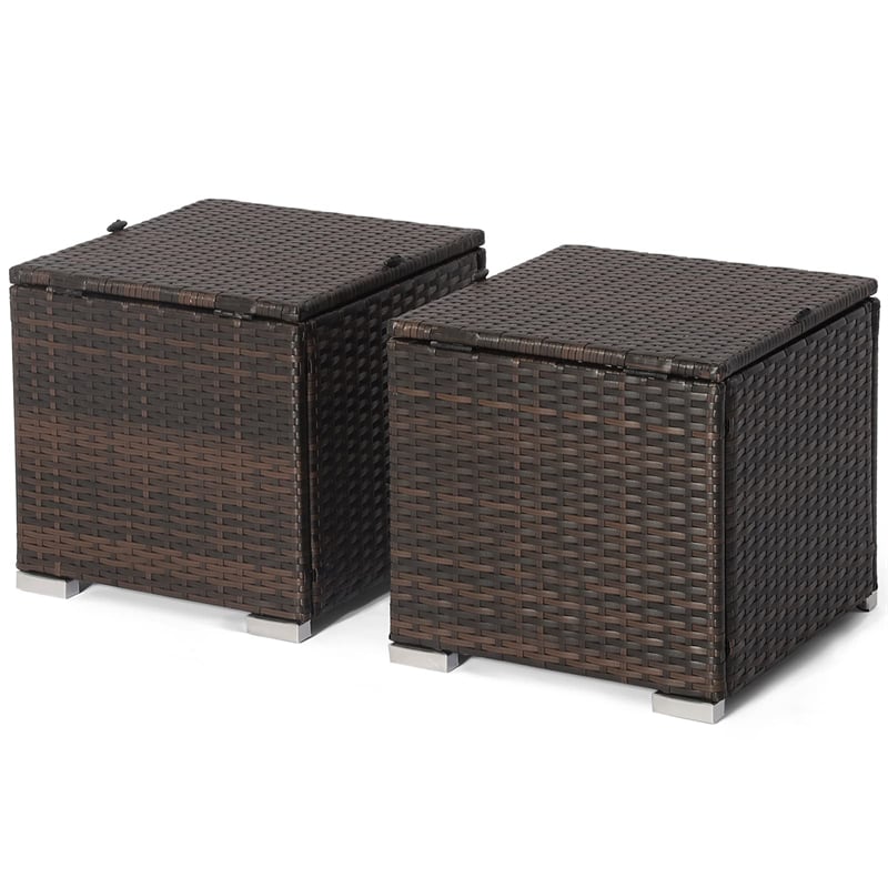 2PCS Wicker Outdoor Storage Ottomans with Removable Cushions, Multipurpose PE Rattan Footrest Side Table Seating for Patio Poolside Backyard