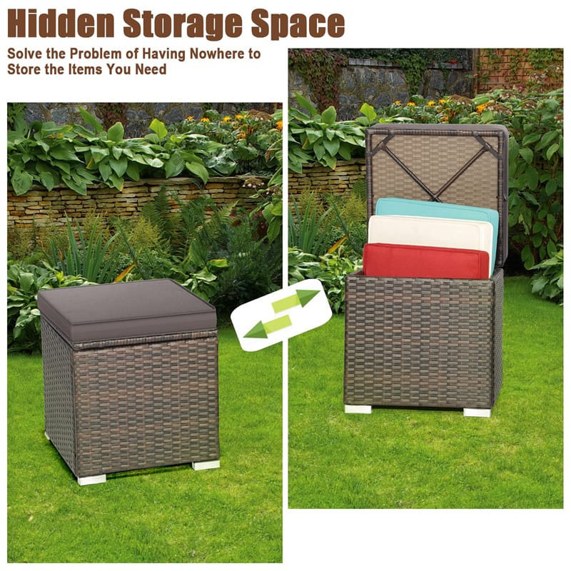 2PCS Wicker Outdoor Storage Ottomans with Removable Cushions, Multipurpose PE Rattan Footrest Side Table Seating for Patio Poolside Backyard