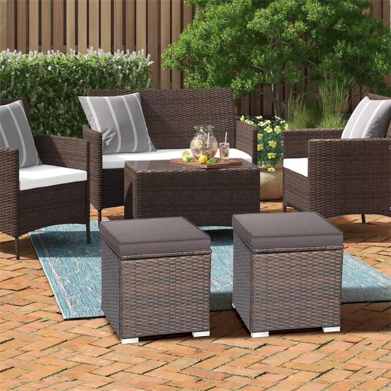 2PCS Wicker Outdoor Storage Ottomans with Removable Cushions, Multipurpose PE Rattan Footrest Side Table Seating for Patio Poolside Backyard