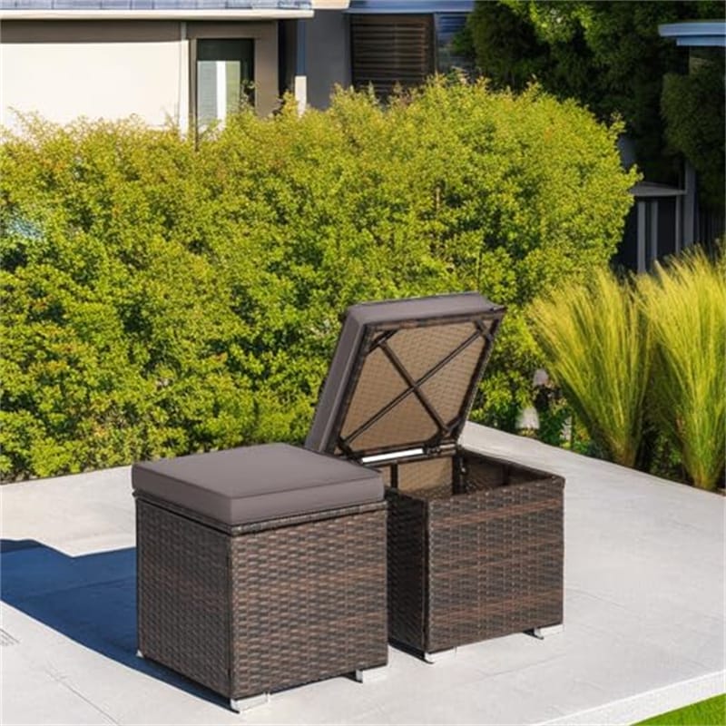 2PCS Wicker Outdoor Storage Ottomans with Removable Cushions, Multipurpose PE Rattan Footrest Side Table Seating for Patio Poolside Backyard