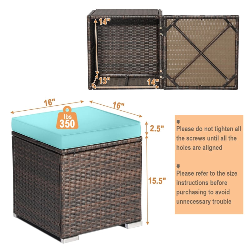 2PCS Wicker Outdoor Storage Ottomans with Removable Cushions, Multipurpose PE Rattan Footrest Side Table Seating for Patio Poolside Backyard
