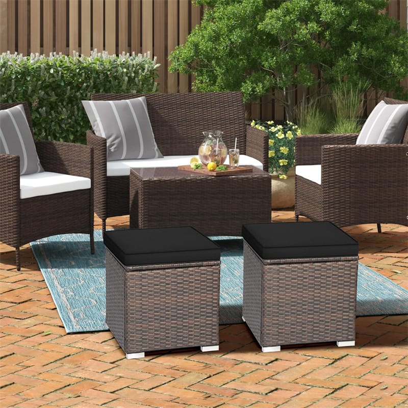 2PCS Wicker Outdoor Storage Ottomans with Removable Cushions, Multipurpose PE Rattan Footrest Side Table Seating for Patio Poolside Backyard