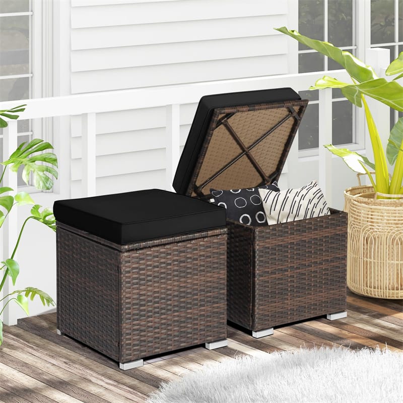 2PCS Wicker Outdoor Storage Ottomans with Removable Cushions, Multipurpose PE Rattan Footrest Side Table Seating for Patio Poolside Backyard