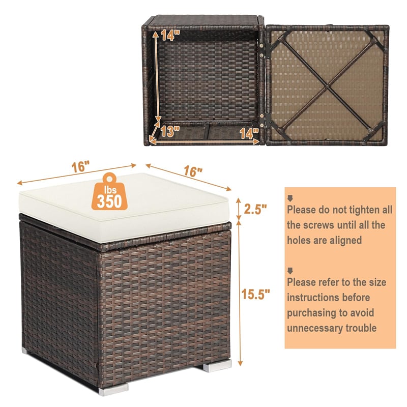 2PCS Wicker Outdoor Storage Ottomans with Removable Cushions, Multipurpose PE Rattan Footrest Side Table Seating for Patio Poolside Backyard