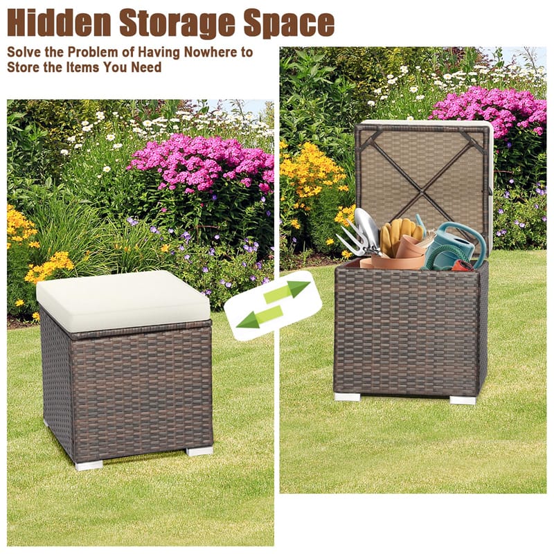 2PCS Wicker Outdoor Storage Ottomans with Removable Cushions, Multipurpose PE Rattan Footrest Side Table Seating for Patio Poolside Backyard