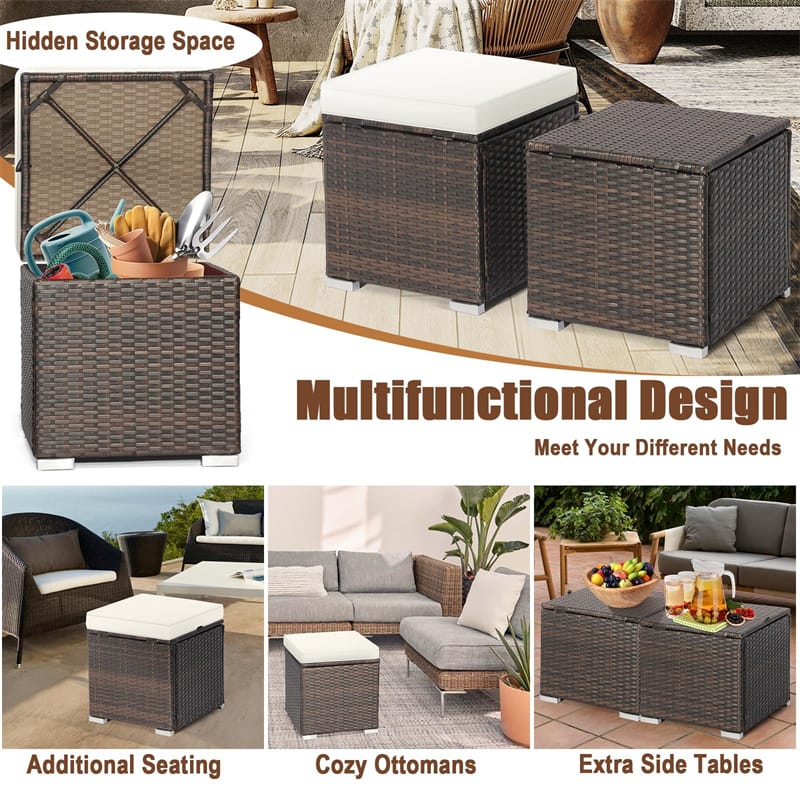 2PCS Wicker Outdoor Storage Ottomans with Removable Cushions, Multipurpose PE Rattan Footrest Side Table Seating for Patio Poolside Backyard