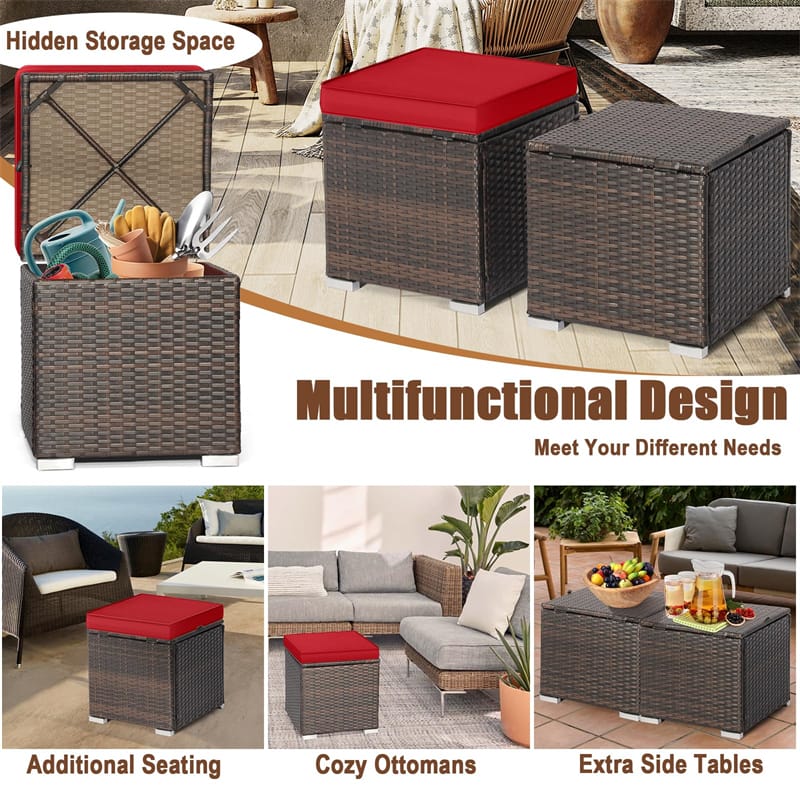 2PCS Wicker Outdoor Storage Ottomans with Removable Cushions, Multipurpose PE Rattan Footrest Side Table Seating for Patio Poolside Backyard