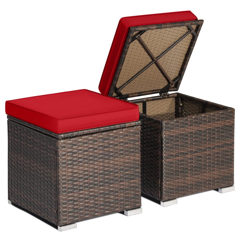 2PCS Wicker Outdoor Storage Ottomans with Removable Cushions, Multipurpose PE Rattan Footrest Side Table Seating for Patio Poolside Backyard