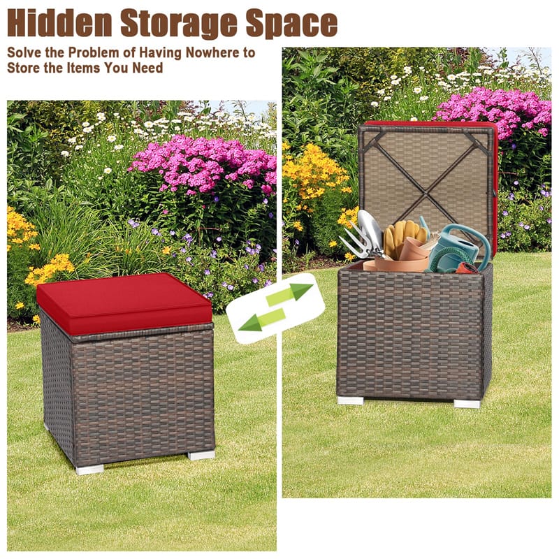 2PCS Wicker Outdoor Storage Ottomans with Removable Cushions, Multipurpose PE Rattan Footrest Side Table Seating for Patio Poolside Backyard