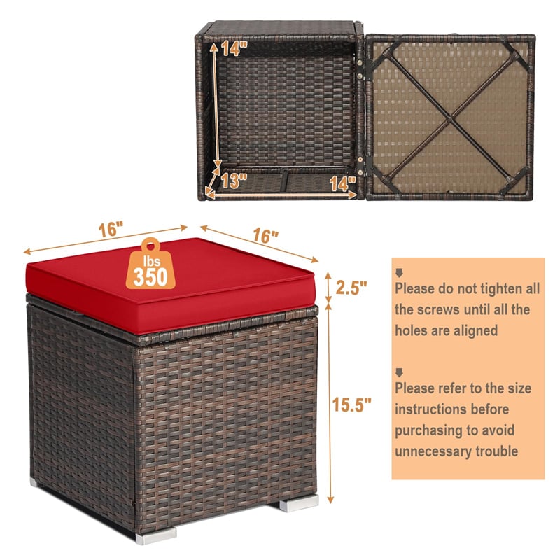 2PCS Wicker Outdoor Storage Ottomans with Removable Cushions, Multipurpose PE Rattan Footrest Side Table Seating for Patio Poolside Backyard