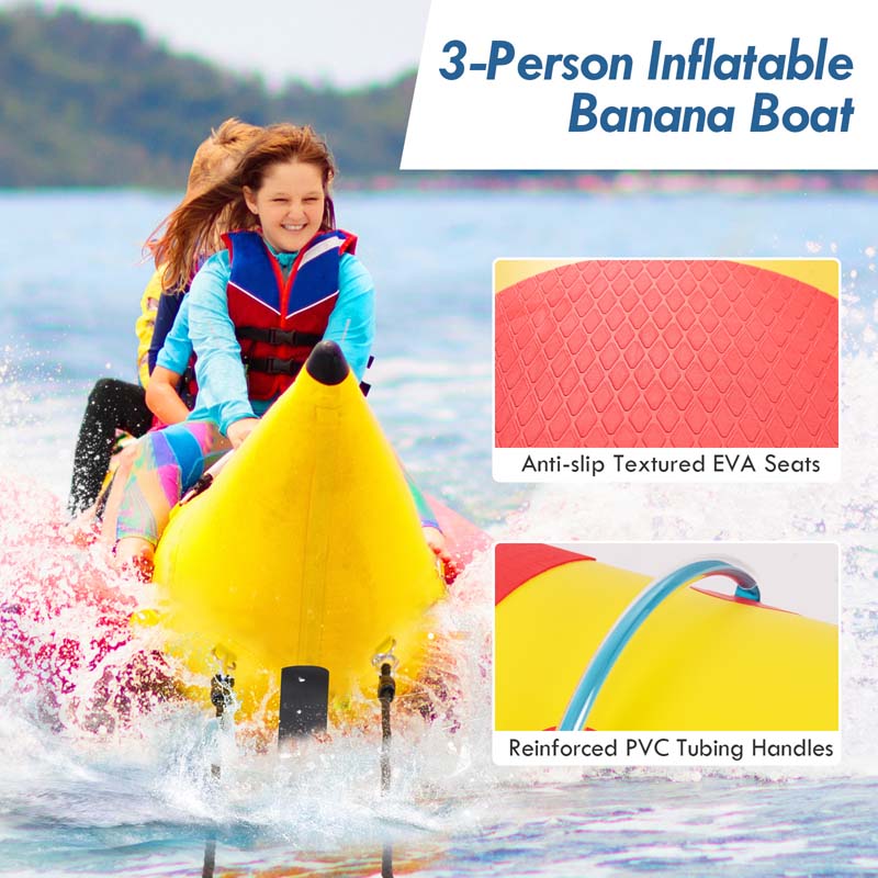 3-Person Inflatable Towable Tubes for Boating w/Electric Air Pump, Water Recreation Sports Banana Boat for Towing Rider